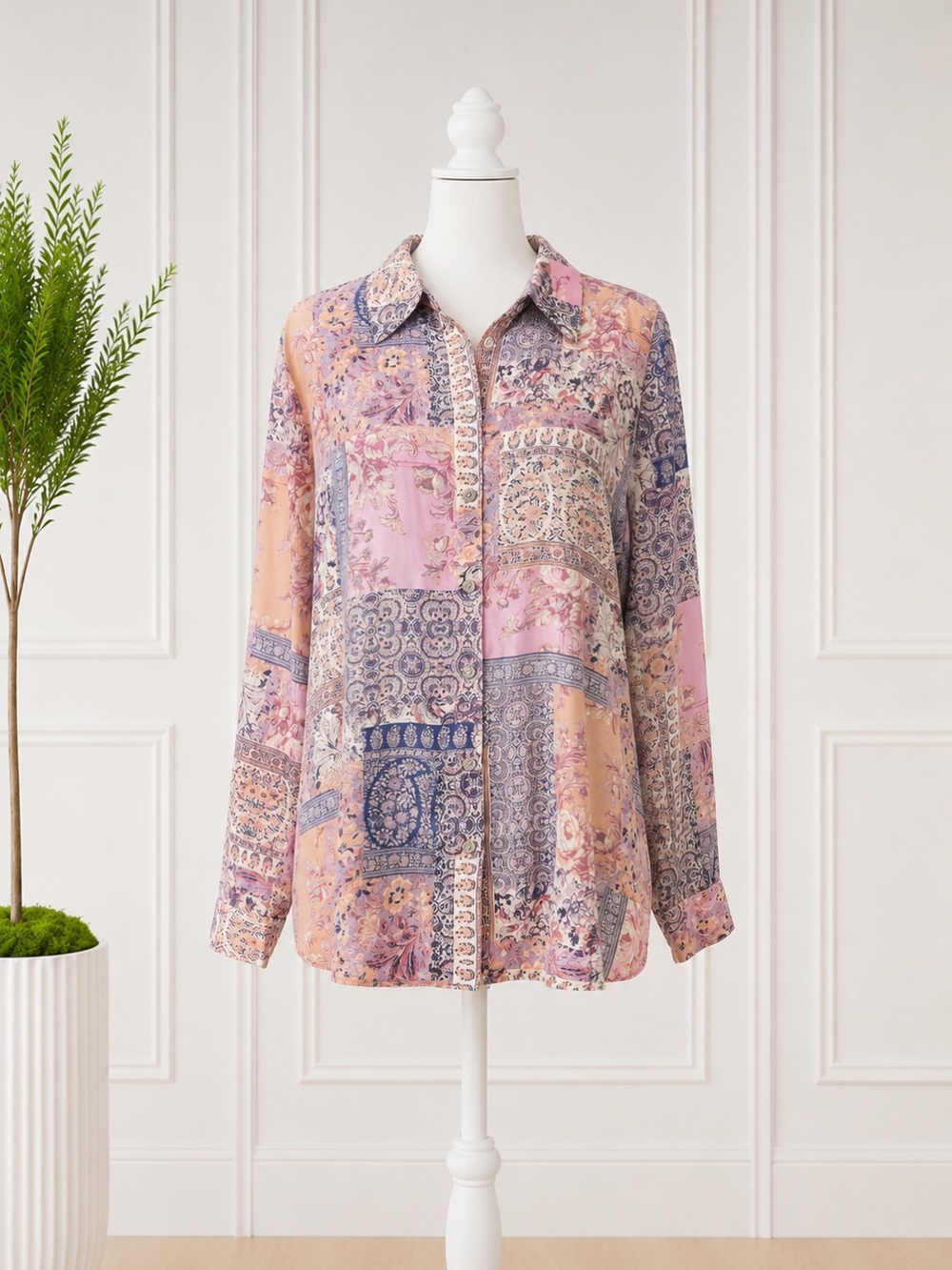 Rose + Olive Patchwork Paisley Button Front Blouse Women’s Long Sleeve - Picture 2 of 6